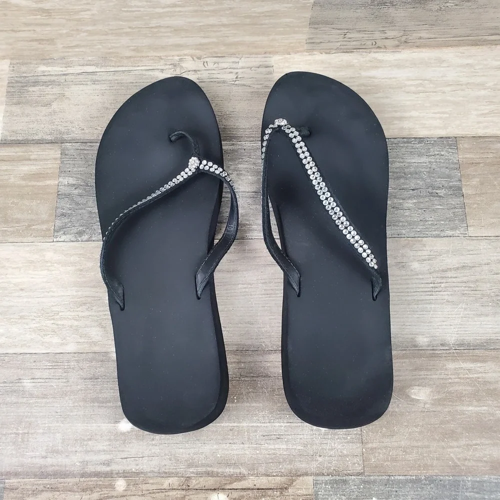 Yellow Box Jello Womens Flip Flops Sz 10 M Black Rhinestone Slip-On Sandals - Picture 4 of 12